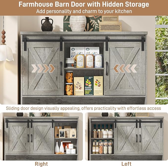 67.7 Inch Farmhouse Pantry Storage Cabinet with Sliding Barn Doors, 2 Drawer Farmhouse Coffee Cabinet with Adjustable Shelf, Side Board with Buffet Cupboard Livingroom Kitchen, Grey