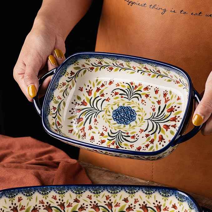 Baking Dish Ceramic Baking Pan Blue Casserole Dish Rectangular Baking Set 2pcs Bakeware Sets Single Serving Size Lasagna Pan Baking Dishes for oven (The tulip)