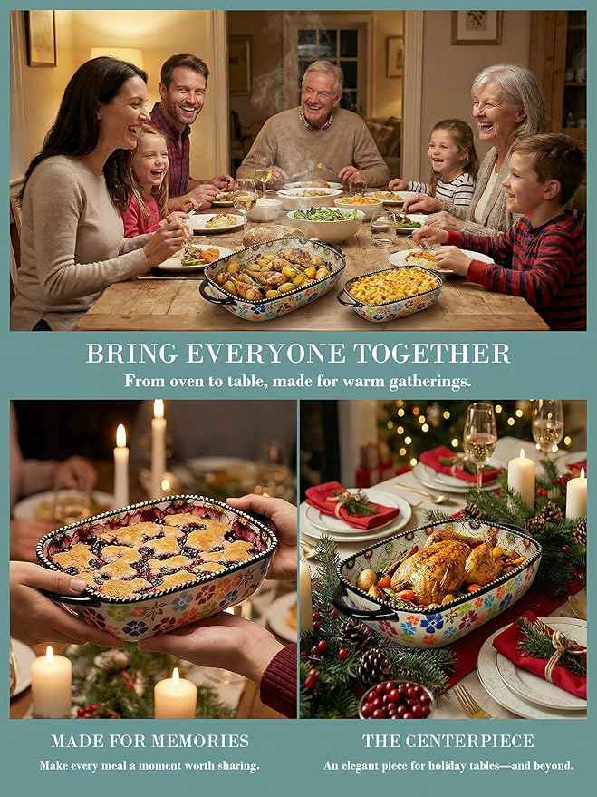 Polish Pottery Style Ceramic Baking Dish Set, 2-Piece Casserole Bakers for 2–3 People, Floral Decorative Bakeware, Oven Safe Lasagna Pan, Microwave Dishwasher Safe, Gift-Ready, Protective Packaging