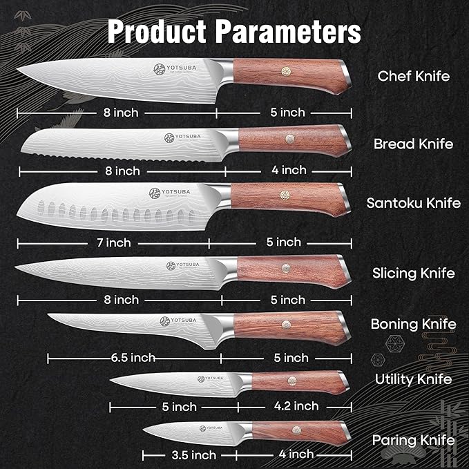 YOTSUBA 7PCS Japanese Kitchen Knife Set with Genuine Natural Rosewood Ergonomic Handle & Gift Box, Professional Ultra Sharp High Carbon Stainless Steel Knives for Cooking