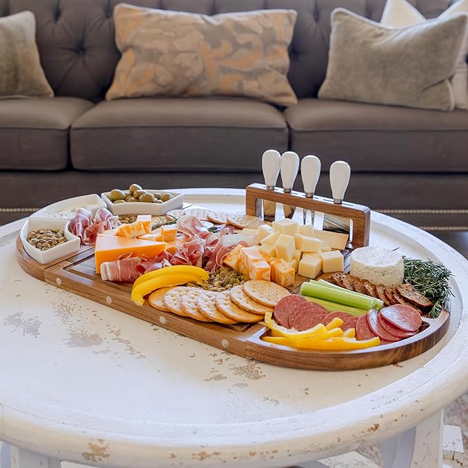 Large Wooden Charcuterie Board Set (Sealed Clear Finish) - 3-Piece Magnetic Long Serving Board Tray with Charcuterie Accessories - Acacia Wood Cheese Platter with Cheese Knife Set & Dishes - Brown