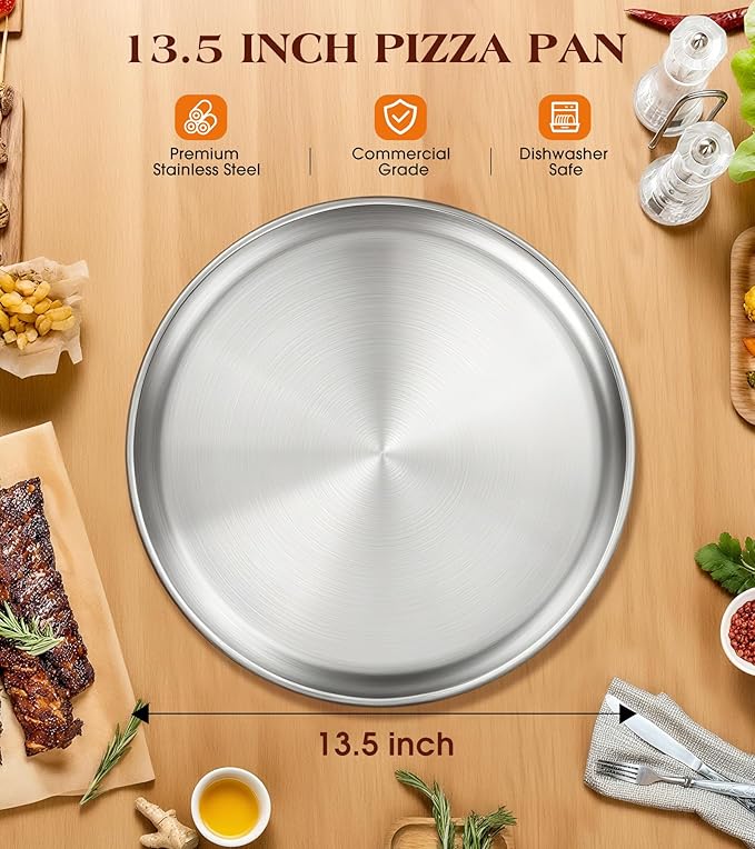 Yuiicaov Stainless Steel Pizza Pan 13½ inch, Pizza Pan for Oven, Steel Pizza Tray, Durable Round Pizza Plate Pizza Baking Sheet, Easy Clean & Dishwasher Safe, Set of 1