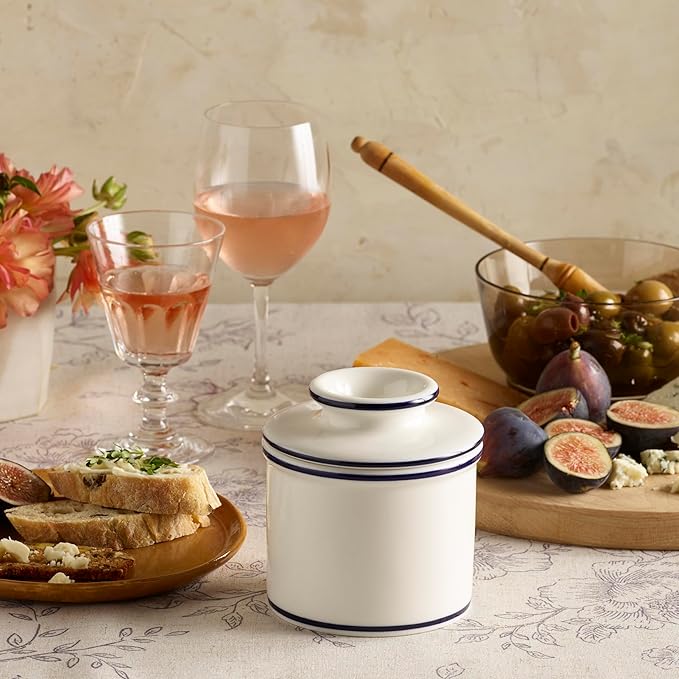 Butter Bell - The Original Butter Bell crock by L Tremain, a Countertop French Ceramic Butter Dish Keeper for Spreadable Butter, Le Bistro, White with Blue Trim