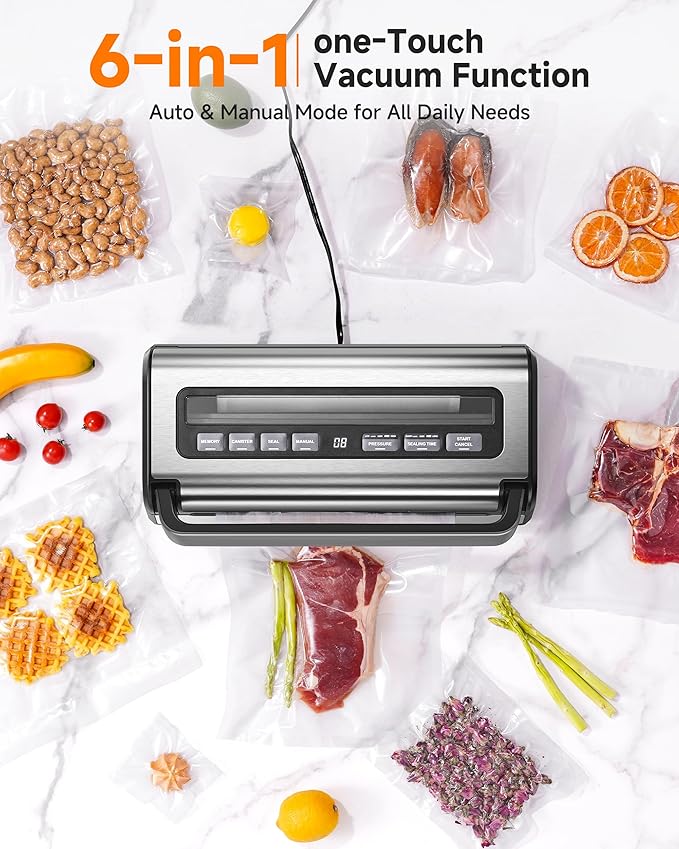 95KPa Automatic Vacuum Sealer, 9-in-1 Food Sealer for Dry/Moist/Liquid Foods, Double Heat Seal & Pump, Includes Bag Rolls & Hose, Stainless Steel