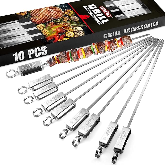 GRILLART Kabob Skewers for Grilling - Metal Skewer for Kabobs with Slider - Flat BBQ Skewer Stainless Steel - 17" Shish Kabob Grill Skewers & Ideal Kabob Sticks for Meat Shrimp Chicken Veggie (10PCS)