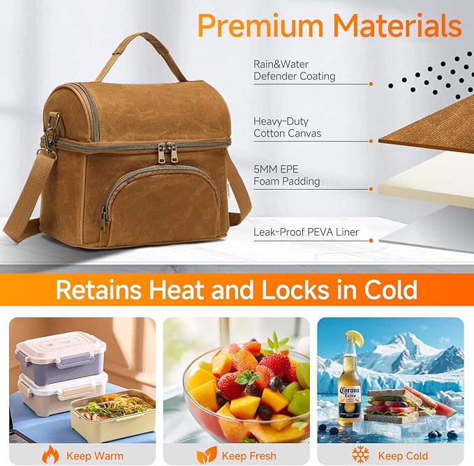 Lunch Box with Ice Packs, Waxed Canvas Lunch Bag for Men, 10.5L Leakproof Insulated Lunch Cooler for Men Work, Dual Compartment Soft Cooler for Work, Camping, Beach & Road Trips