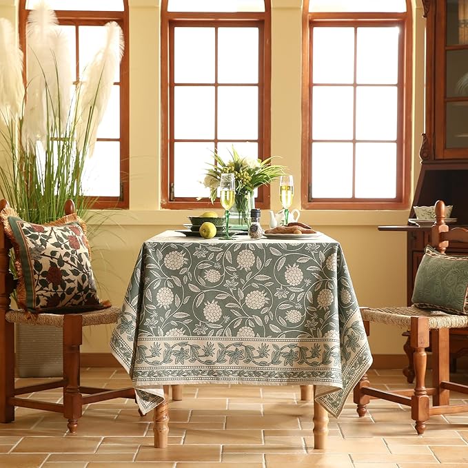 ISAENNE Designer Grayish Green Linen Rectangular Tablecloth,Floral Stain Resistant Table Cloth,Fall Vintage Decor Tablecloths for Dining Thanksgiving Kitchen Party,55"*79"-Andrew A