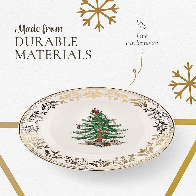 Spode Christmas Tree Gold 4-Piece Holiday Dinnerware Set - Fine Earthenware Tableware with 22K Gold Accents - Dinner Plate, Salad Plate, Teacup & Saucer - Festive Christmas Tableware, Dishwasher Safe