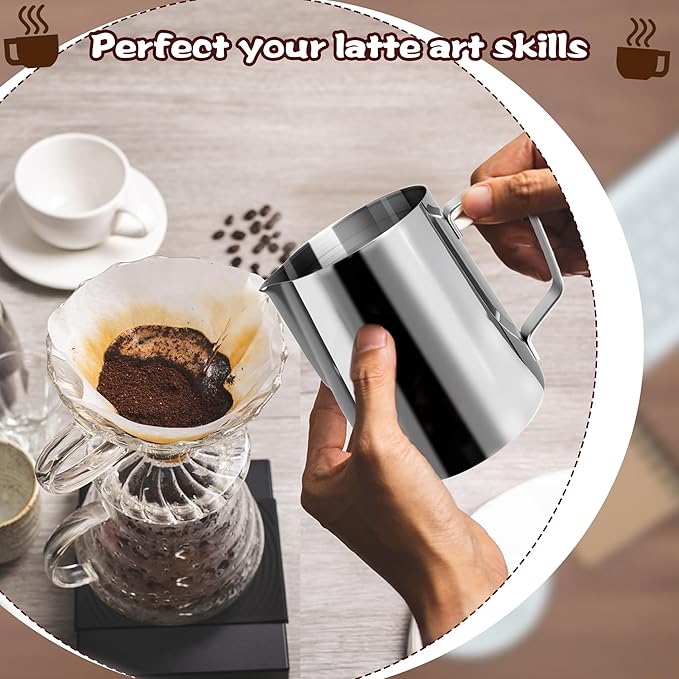 6 Pack Milk Frothing Pitcher Stainless Steel 20 oz Espresso Steaming Pitchers with Handle Milk Frother Cup for Kitchen Coffee Bar Latte Art Hot Chocolate