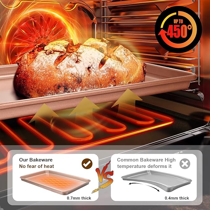 Wildone 2 Pack Jelly Roll Pan, Nonstick Baking Sheet for Oven, Thicker Carbon Steel Cookie Sheet 15x10 Inch, Heavy Duty & Easy Clean, Rose Gold