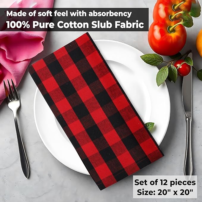 Urban Villa Cotton Dinner Napkins Set of 12, 20x20 Inche Soft Premium Cotton Napkins, Hotel Quality Highly Absorbent, Reusable & Washable Mitered Corner Table DinnerNapkins - (Red/Black, Checks)