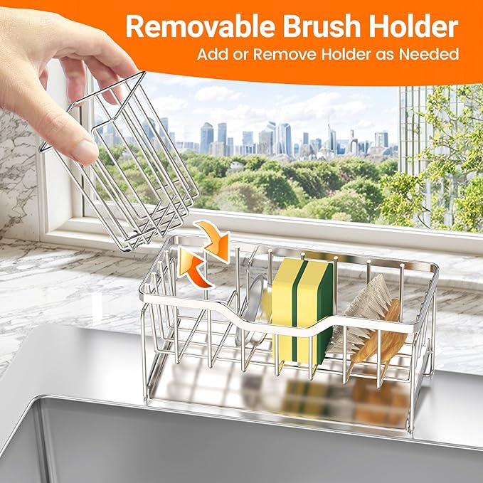 StorageRight Kitchen Sink Caddy Organizer, Rustproof Sponge Holder for Kitchen Sink, Instant Dry High Brush Holders with Drain Tray, Anti-Slip Sink Storage Organization Essentials, Silver