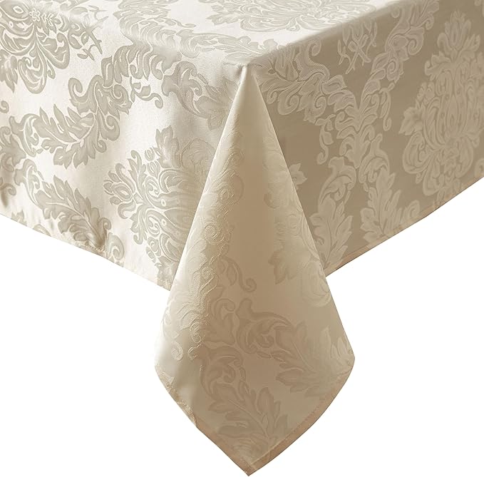 Newbridge Barcelona Luxury Damask Fabric Tablecloth, 52” Wide x 70” Rectangle, Golden Beige, 100% Polyester, No Iron, Soil Resistant Dining Room, Party and Banquet Table Cover