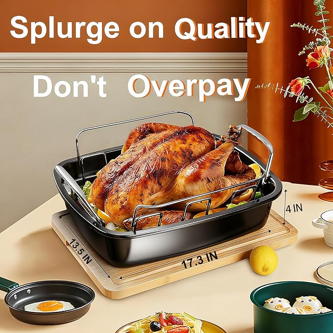 Large Nonstick Roasting Pan with Rack (17x13 Inch) -Turkey Roasting Pan with Wider Handles, Heavy Duty Construction Roaster - Easy Clean for Oven