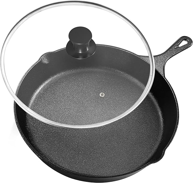 Utopia Kitchen Saute Frying Pan 8 Inch, Cast Iron Chefs Pan, Pre Seasoned Cast iron Skillet With Lid, Safe Grill Cookware for Indoor & Outdoor Use, Black