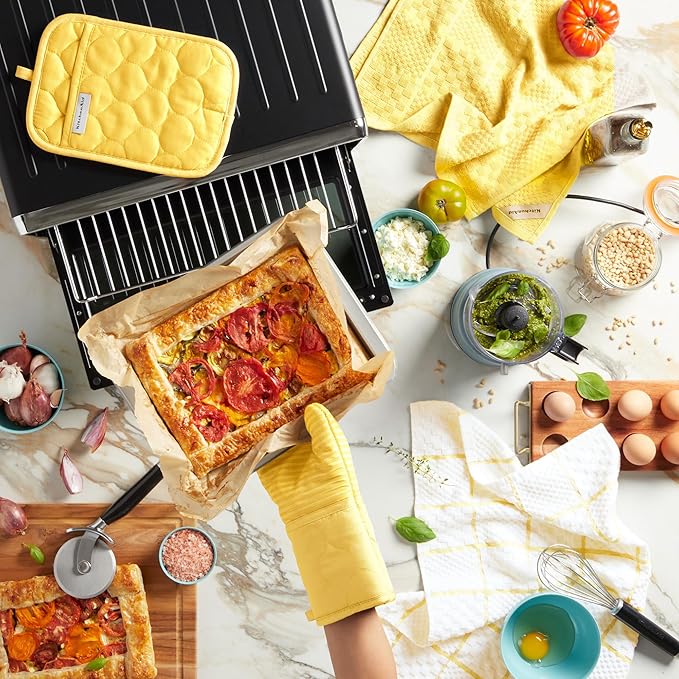 KITCHENAID Quilted Cotton Terry Cloth Oven Mitt, Pot Holder, Kitchen Towel 4-Pack Set, Heat Resistant, Silicone Grip, 16"x26", 7"x13" & 7"x10", Butter Yellow
