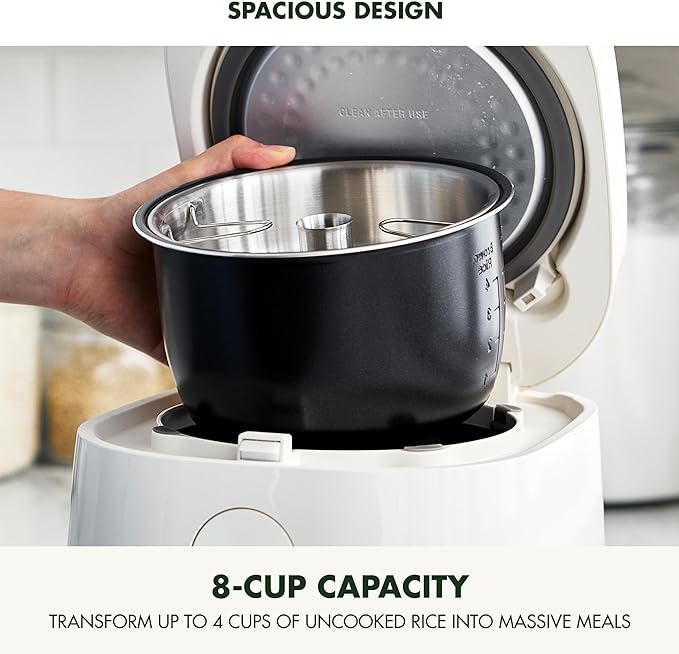 GreenPan Carb Reducing Electric Rice Cooker, 4 Cups Uncooked/8 Cooked Rice, 10 Presets, LED Display, Healthier Meals, Delay Timer, PFAS-Free Ceramic Nonstick Removable Bowl, Cool Touch, Steam, Cream
