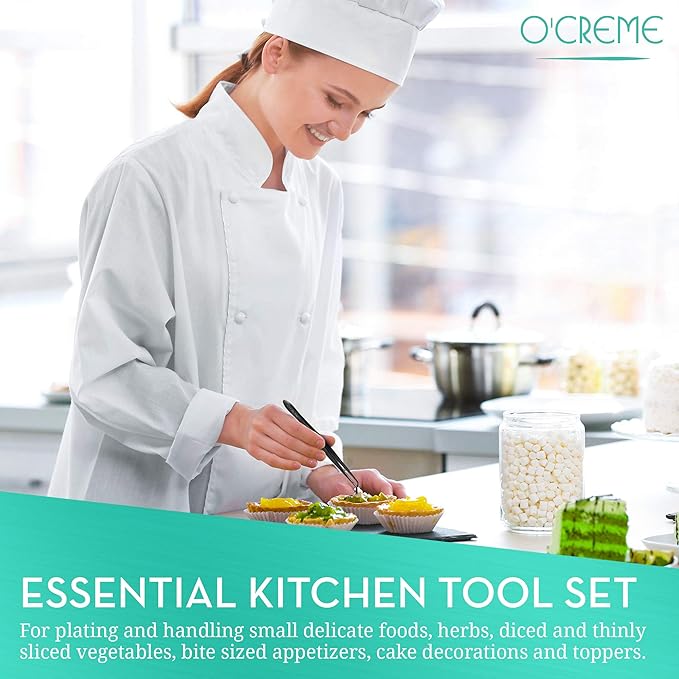 O'Creme Black Stainless Steel Precision Kitchen Culinary Fine-Tip Tweezer Tongs, 1 Curved and 1 Straight