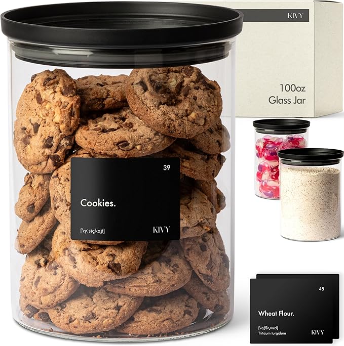 KIVY Large Glass Jar with transparent Glass Lid [100oz] Sealed glass canisters with airtight lid - Black canister - Laundry pod jar - Rice Storage jar - Flour and sugar containers - Flour Canister