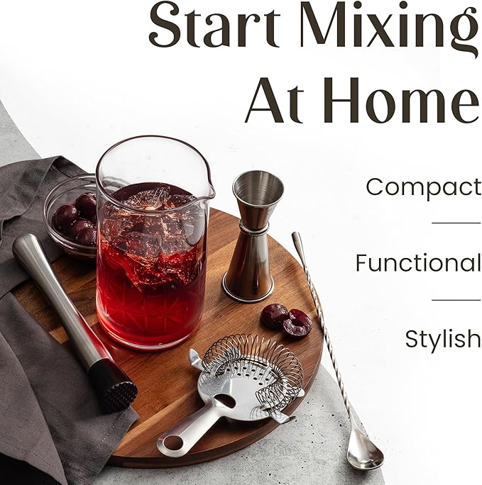 Mixology & Craft Commercial Grade Bar Mixing Glass – Includes 24oz Crystal Stirring Glass, Japanese Jigger, Bar Spoon, Muddler, and Hawthorne Strainer for Crafting Old Fashioned Cocktails at Home Bars