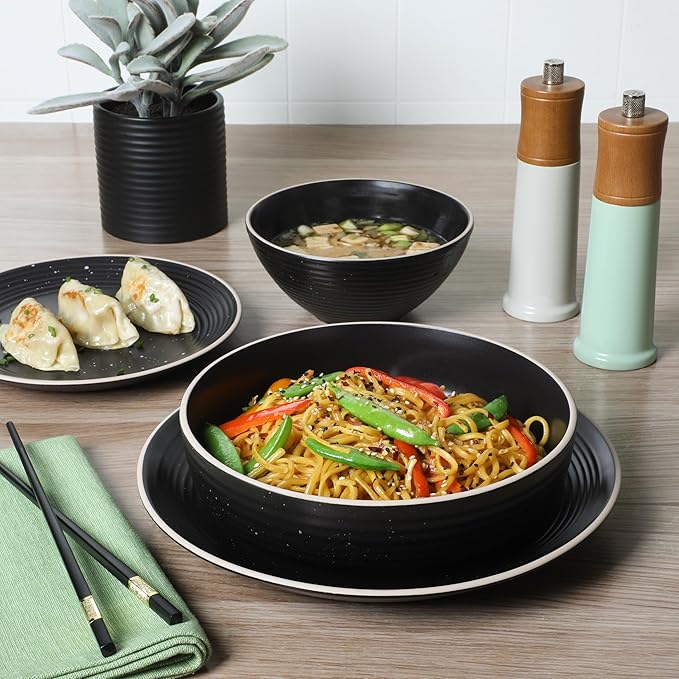 Gibson Home Dinah 16-Piece Matte Black Stoneware Dinnerware Set – Double Bowl, Embossed Speckled Design, Durable Kitchen Dinner Set