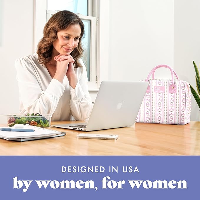 Fit & Fresh Bloomington Lunch Bag for Women - Insulated Large Lunch Box for Work with Containers, Leak-Resistant, Stain-Resistant, Zipper Closure, Pink Wallpaper Bows