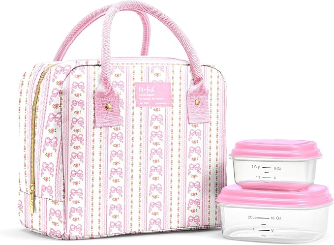Fit & Fresh Bloomington Lunch Bag for Women - Insulated Large Lunch Box for Work with Containers, Leak-Resistant, Stain-Resistant, Zipper Closure, Pink Wallpaper Bows