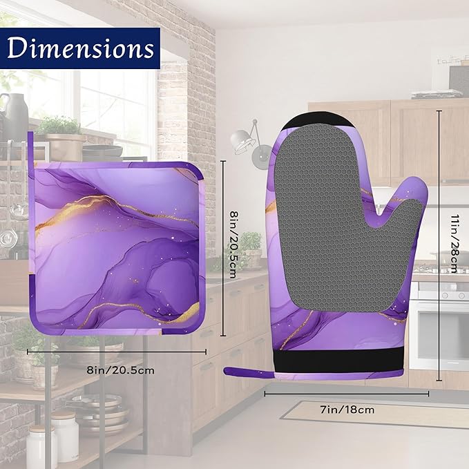 Marble Oven Mitts and Pot Holders Sets of 4 Purple Gold Marble Heat Resistant Silicone Oven Mits Gloves Non-Slip Kitchen Mittens Potholders for Cooking Baking Grilling BBQ