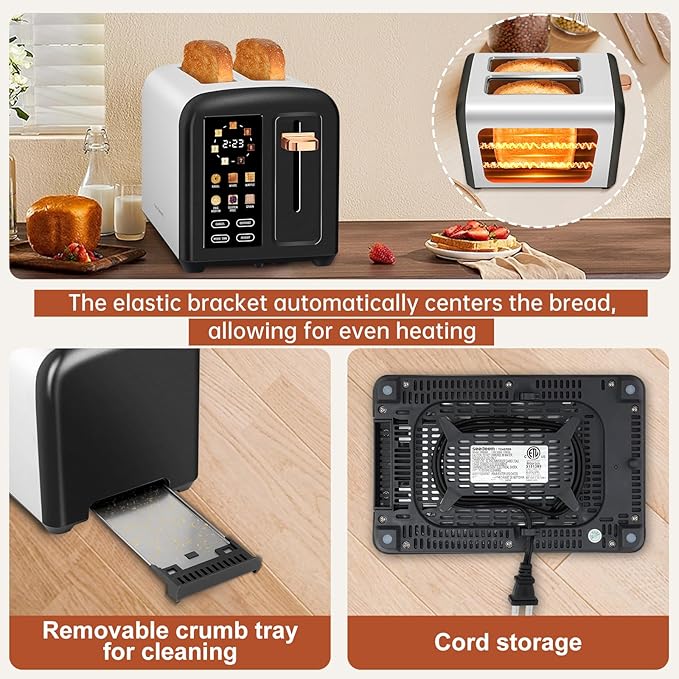 SEEDEEM Toaster 2 Slice with Touch Screen, Faster Heating Speed, 7 Shade Setting, 6 Bread Type, 1.5”Wide Slots Toaster, Removable Crumb Tray, 1350W, Dark Chocolate