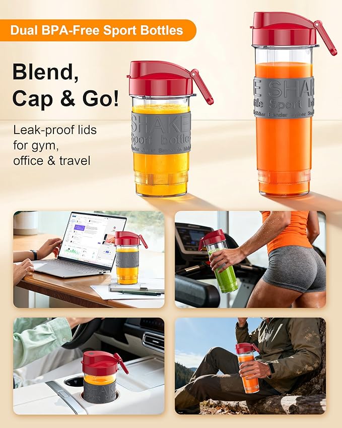 Smoothie Blender, 650W Personal Blenders for Shakes and Smoothies with Grinder Cup & 2 BPA-Free Portable Cups (20oz+14oz), Portable Blender for Juices, Smoothies Maker for Kitchen, Red