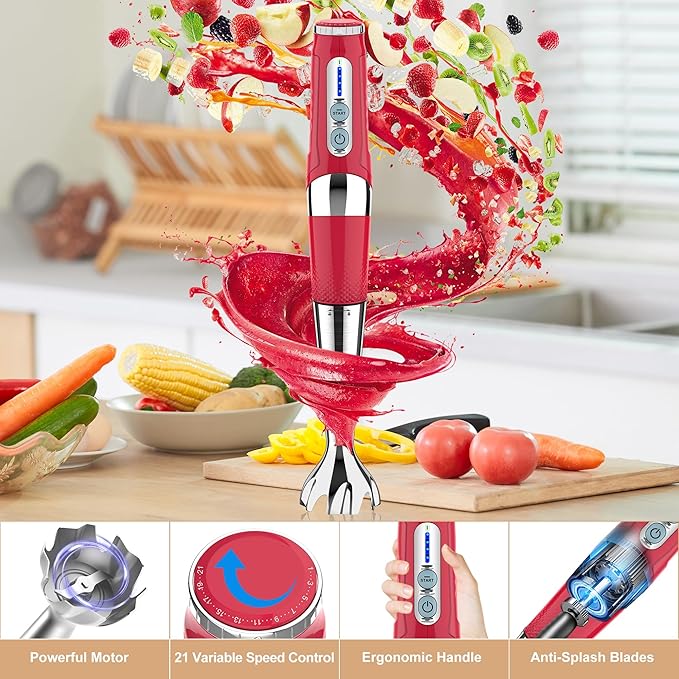 Toogel Cordless Immersion Blender, Electric Hand Blender with 21-Speed & 3-Angle Adjust, USB Rechargeable, BPA-Free & Dishwasher Safe for Baby Food, Smoothies, Soup (Red)