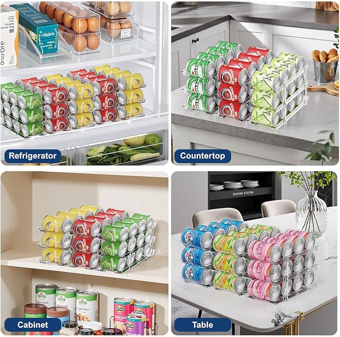 Dayacoco Can Organizer For Pantry,3 Sets 4 Tiers Pantry Organizers And Storage, Pantry Organizer for Fridge 36 Standard and Tall Cans Rack Automatic Rolling Stackable Canned Food Organizer, Clear