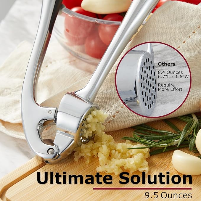 Kitessensu High Effective Premium Garlic Press Set, With Silicone Garlic Peeler & Brush, Heavy Duty Garlic Mincer, Easy to Squeeze and Clean, Rust Proof & Dishwasher Safe - Gloss Silver