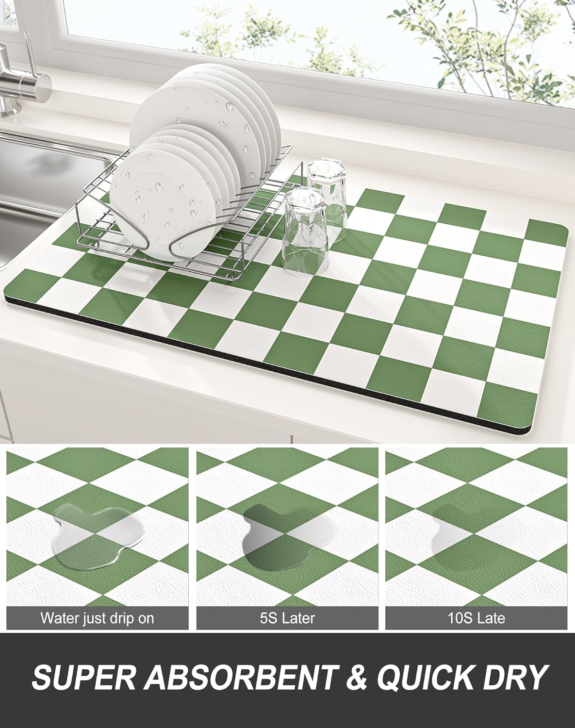 Rnivvi Dish Drying Mat for Kitchen Counter, XL 15 x 24" Cute Checkered Absorbent Draining Pad, Non-Slip Heat Resistant Coffee Bar Mat for Coffee Machine Station Accessories, Green White Dish Rack Pad