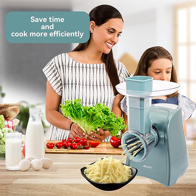 Electric Cheese Grater, Cheese Grater Electric, One-Touch Control Electric Grater Machine for Vegetable, Fruits, Potato, Electric Cheese Shredder, Salad Maker with 5 Free Attachments, Green, ASLATT