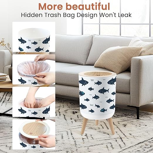 Small Trash Can with Lid Cute Shark Kids 1.8 Gallon Dog Proof Trash Can Round Garbage Can Waste Bin Wastebasket for Bathroom Bedroom Kitchen
