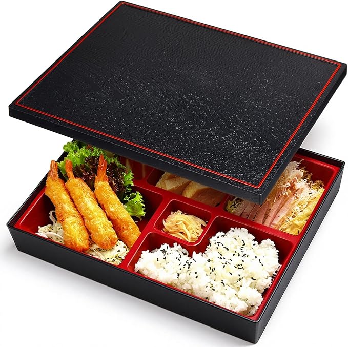 Teenyyou 1 Pcs One Layer Japanese Bento Box 12 x 9.5 x 2.2 Inch Divided Bento Box Adult Japanese Lunch Container with Greaseproof for Sushi Home Office Restaurant Gift