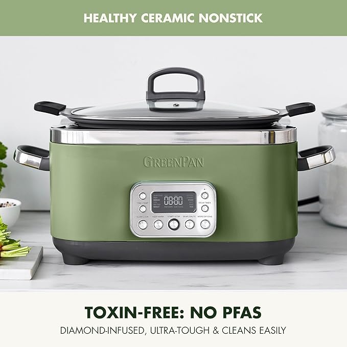 GreenPan Elite 14-in-1 Nonstick 6QT Electric Slow Cooker, PFAS-Free Ceramic Multi-Cooker, In-Pot Browning, Dishwasher Safe Lid & Removable Crock, Stainless Steel Steamer, Silicone Handles, Sage Green