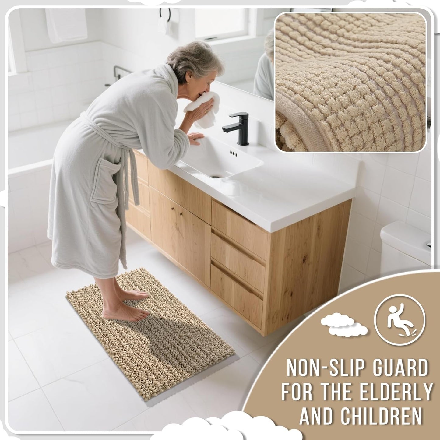 Yimobra Bathroom Rugs Non Slip Washable 24x17 Inch - Ultra Soft Absorbent Chenille Bath Mat, Quick Dry Shaggy Floor Carpet for Tub Shower, Pale Khaki Home Decor Accessories