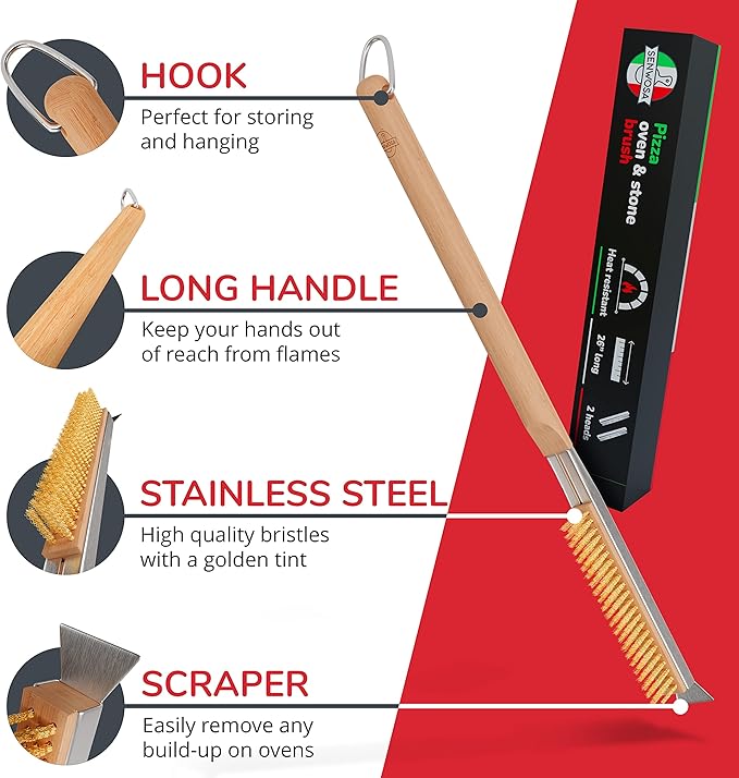 Senwosa 26” Pizza Oven Brush with Stone Scraper - Heat Resistant Stainless Steel Bristles, Extra Long Handle - Compatible with Ooni, Gozney & Similar Ovens - Includes Spare Head