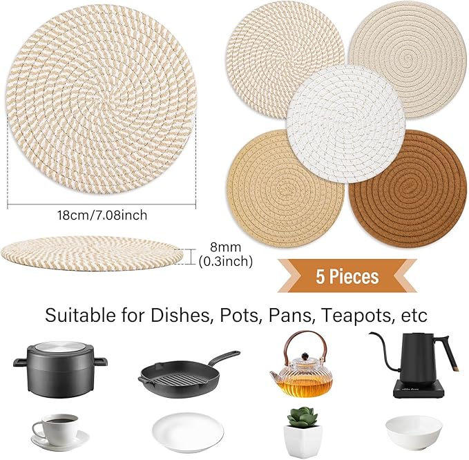 Tidponra Trivet Mats Set for Hot Dishes, 5 Heat Resistant Pot Holders for Kitchen, Home Essentials, Anti Stain Hot Pads for Hot pots and Pans, Fall Decorations for Home, 7 Inches(Brown)