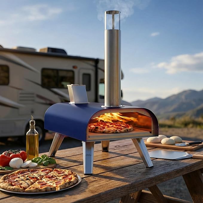 BIG HORN 12" Multi-Fuel Outdoor Pizza Oven – 3-in-1 Wood-Fired, Gas & Electric Compatible (Burners Sold Separately), Pellet Pizza Oven Portable Pizza Maker for Backyard, Camping & Tailgating, Blue