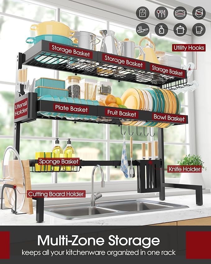 Sakugi Over The Sink Dish Drying Rack, Expandable 3-Tier Stainless Steel Kitchen Storage Organization Accessories for Countertop, Rustproof & Space-Saving, 31.5"–39.5" L x 12" W x 33" H, Black