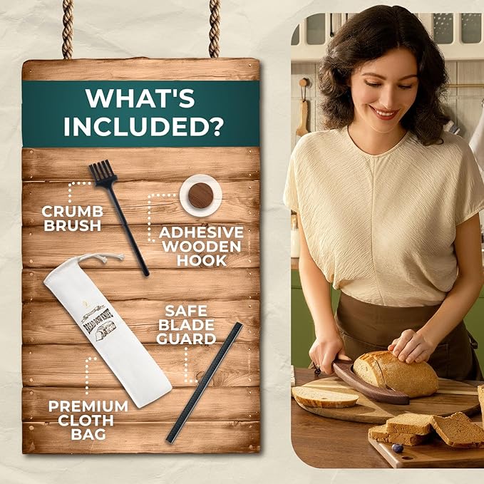 Bread Knife Package Slicer for Sourdough Bread, 16.5" Premium Wooden Bow Design, Premium Stainless Steel Serrated Saw, Cutter for cutting Loaf, Sandwich, Bagels, Homemade Bread & more - Black Walnut