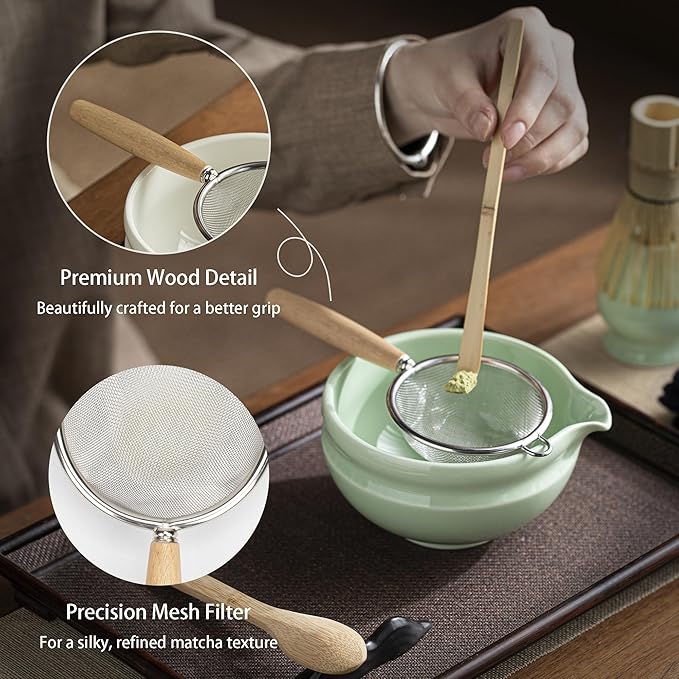 Matcha Whisk Set – 8 Pcs Matcha Set with Ceramic Bowl with Spout, Bamboo Whisk, Holder, Scoop, Sifter, and Tea Towel – Complete Japanese Matcha Kit for Ceremony and Gift