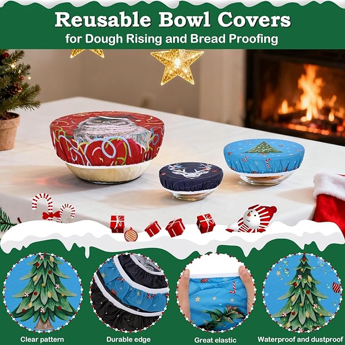 5-Size Reusable Beeswax Bowl Covers for Bread Proofing, Cotton Cloth Flexible Beeswax Wraps for Food Storage (Santa Kitty)