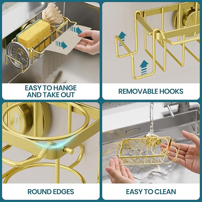 TAILI Sponge Holder with Strong Suction Cup, 4-in-1 Rustproof Sink Organizer - Sink Caddy Holds Sponges, Brushes, Stoppers & Scrapers -Gold