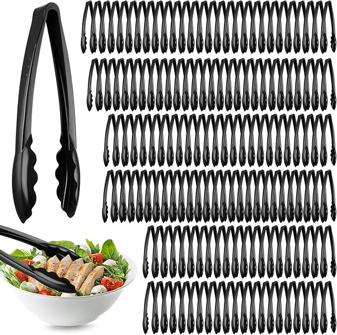 Tessco for you 150 Pcs Plastic Tongs for Serving Bulk, 9 Inch Plastic Disposable Serving Tongs Heavy Duty Salad Utensils for Kitchen Buffets BBQ Events Catering (Black)