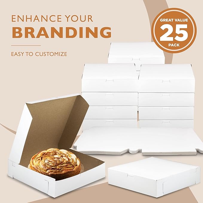 [25 Pack] White Pie Boxes 10x10x2.5" Square Bakery Boxes for Cookies, Cheesecake, Chocolate Covered Strawberries, Dessert, Macaroon, Bread Bulk Paper Cardboard Sweet Boxes for Surprises and Pastries