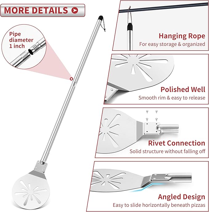 Stainless Steel Pizza Turning Peel 7-Inch, HaSteeL Round Pizza Turner Paddle, Perfortaed Pizza Spinner Spatula with Long Detachable Handle, Dishwasher & Oven Safe